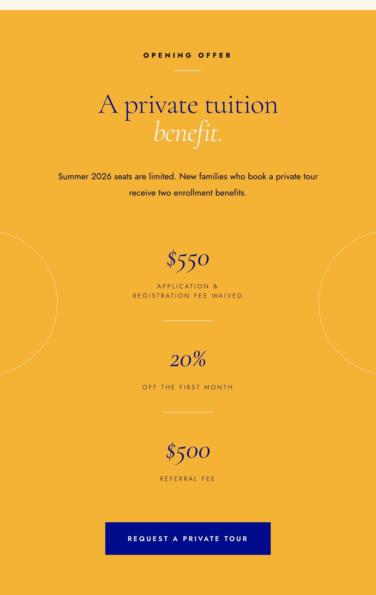 Opening offer: $550 application fee waived, 20% off first month, $500 referral fee. Request a private tour.