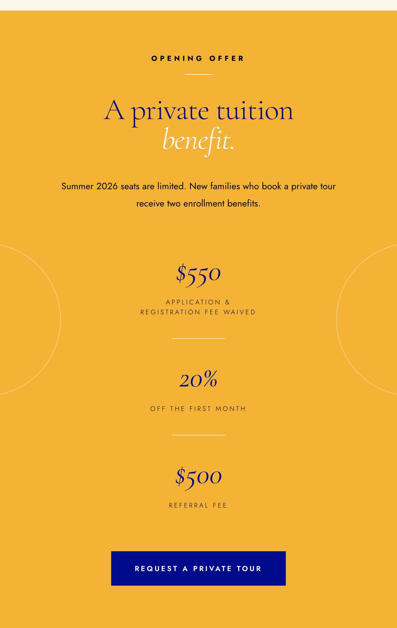 Opening offer: $550 application fee waived, 20% off first month, $500 referral fee. Request a private tour.